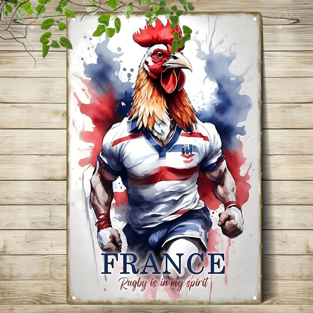 2D Flat, 1pc Vintage French Rugby Metal Wall Art Sign - 8x12 Inch Iron Rooster In France Jersey with Graffiti Background