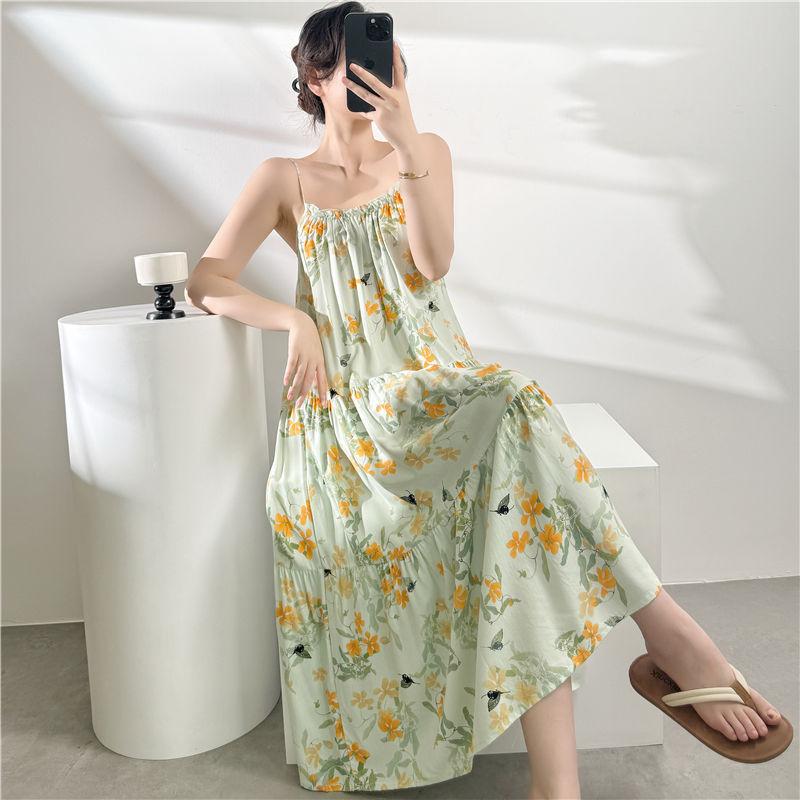 New Cotton and Silk Solid Color Suspender Nightdress Women's Spring and Summer Sexy High-end Suspender Skirt Cotton and Silk Can Be Worn Outside Dress