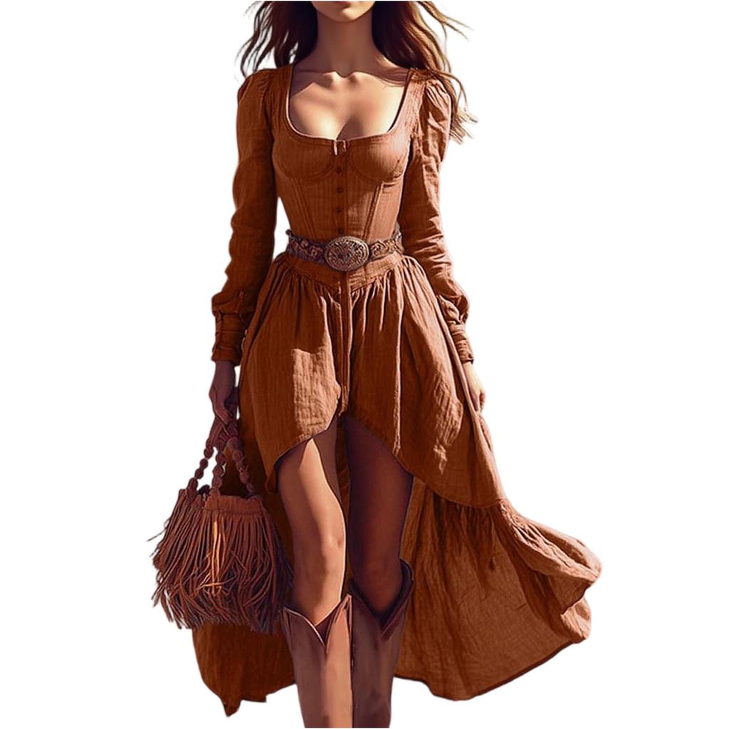 Women's Fashion Solid-color Retro Casual Long-sleeved Dress (without Belt)