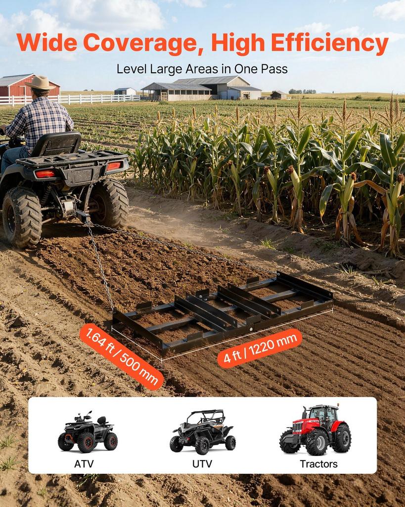 Drag Harrow, 122 X 50 Cm, Tow-Behind Driveway Grader with Adjustable Width & 50lbs Load Capacity, Heavy Duty Lawn Leveling Rake, Galvanized Steel