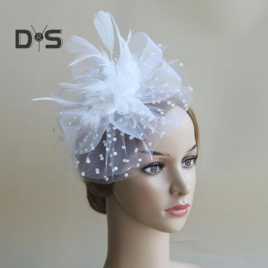 Feather Mesh Decorative Top Hat Headband Party Hair Accessories Women Flower Decor Dot Print Headpiece