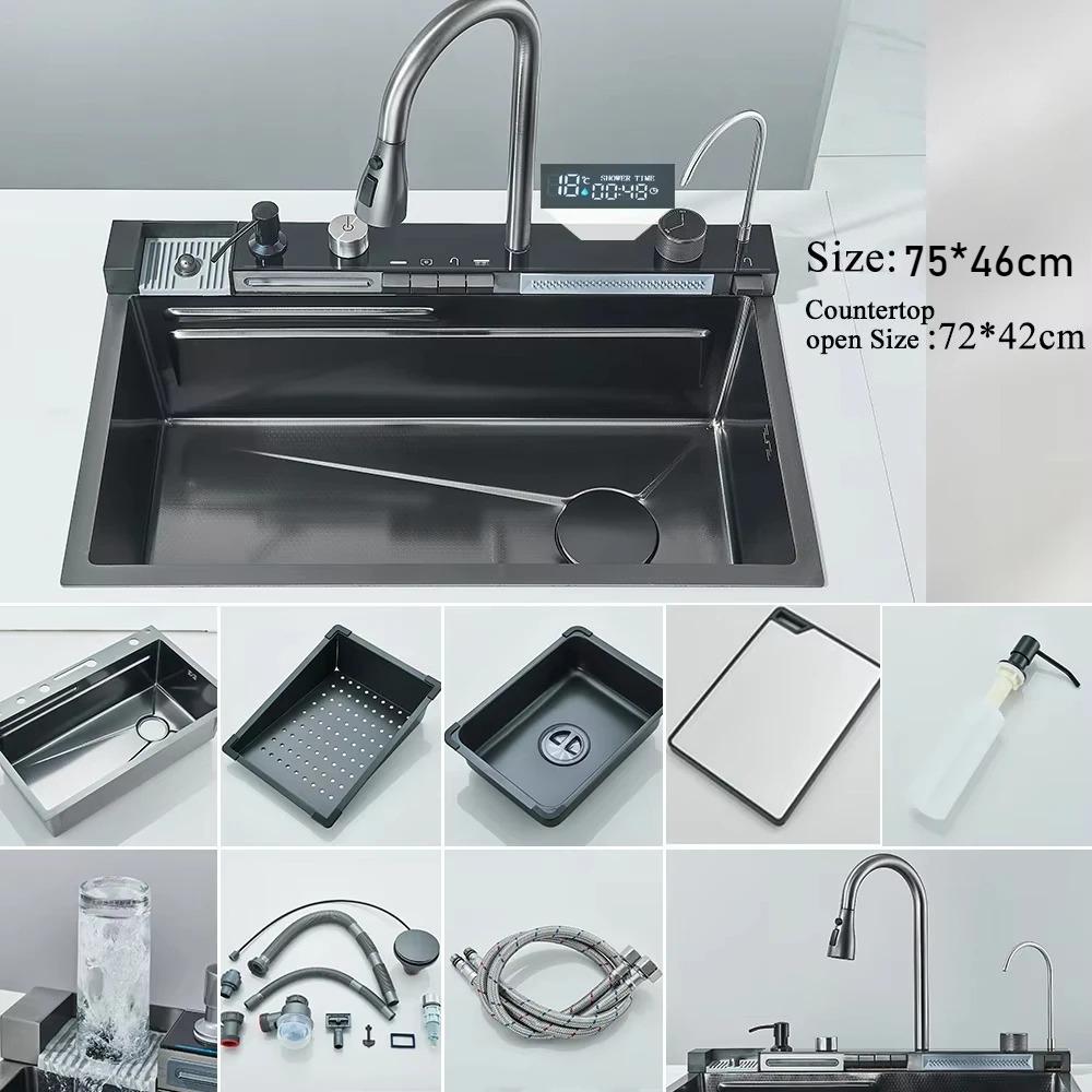 304 Stainless Steel Waterfall Kitchen Sink Faucet Set with Large Single-slot Integrated Digital Display Soap Dispenser 75*45 Cm
