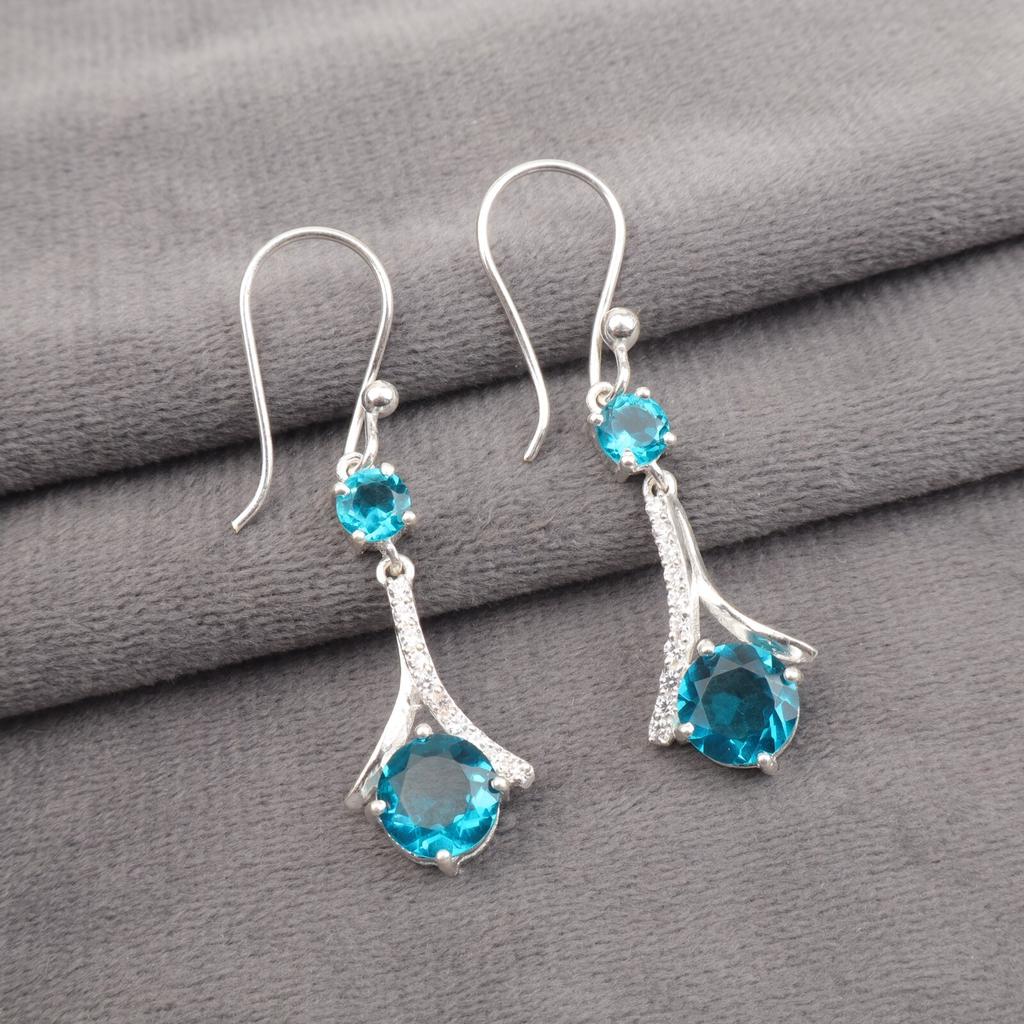 Natural Apatite Gemstone 925 Sterling Silver Zircon Drop/Dangle Earrings 1.84" CZE-9-1