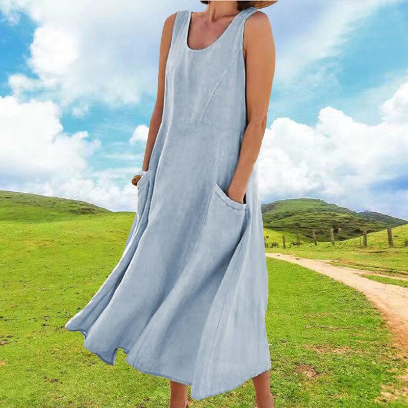 Vestido Maxi Feminino de Linho com Gola U, Sem Mangas e com Bolsos