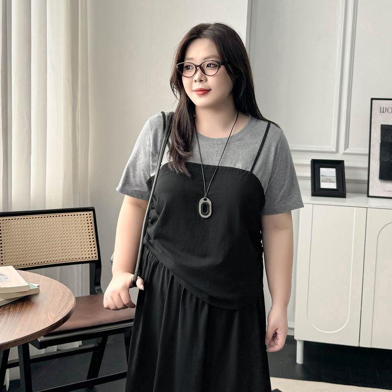 

Plus size women clothing [Fake Two Pieces Lazy Set] round Neck Patchwork Pleated Waist Short sleeve T-shirt Skirt Two-piece Set Flower gray spell Black-Tops 5XL