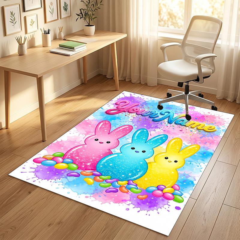 Easter Bunny Theme Crystal Velvet Rug Personalized Custom Name Text Soft Floor Mat Home Decor