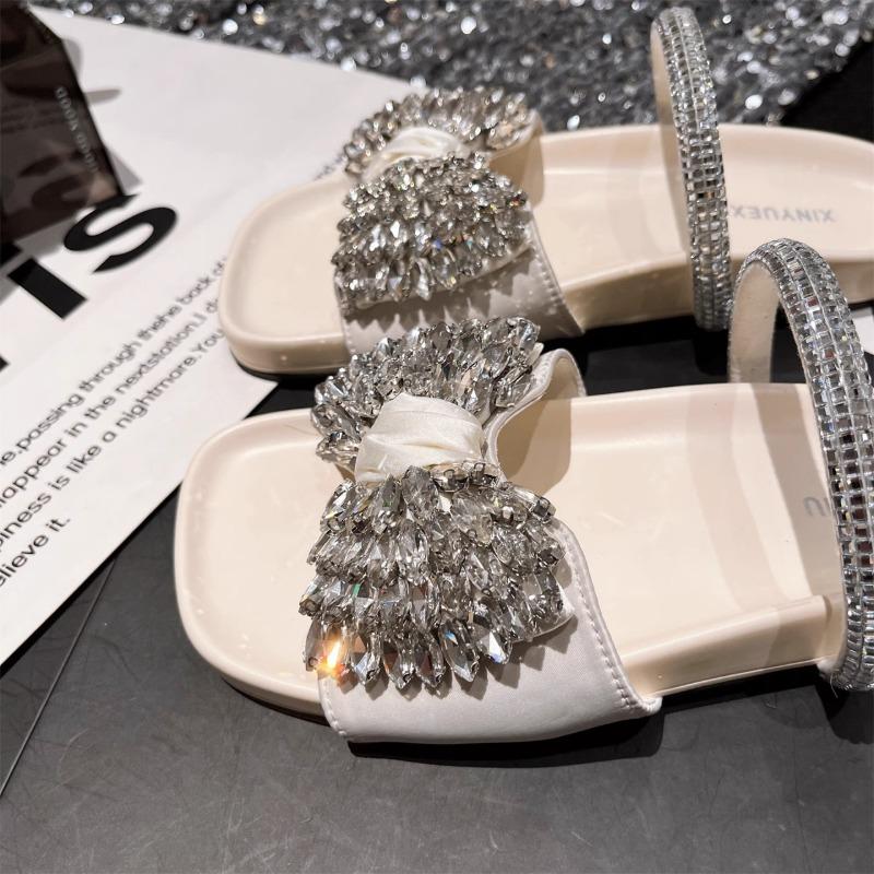 New Rhinestone Bow Slippers Mary Jane Beach Sandals Casual Vacation Outer Slippers Women's Shoes