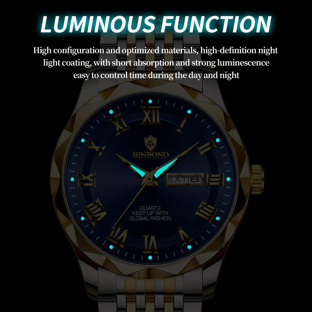 BINBOND Quartz Male Wristwatch Waterproof Luminous Date Week Watch for Men Stainless Steel Fashion Men's Watches Business Watch Casual Male Clock