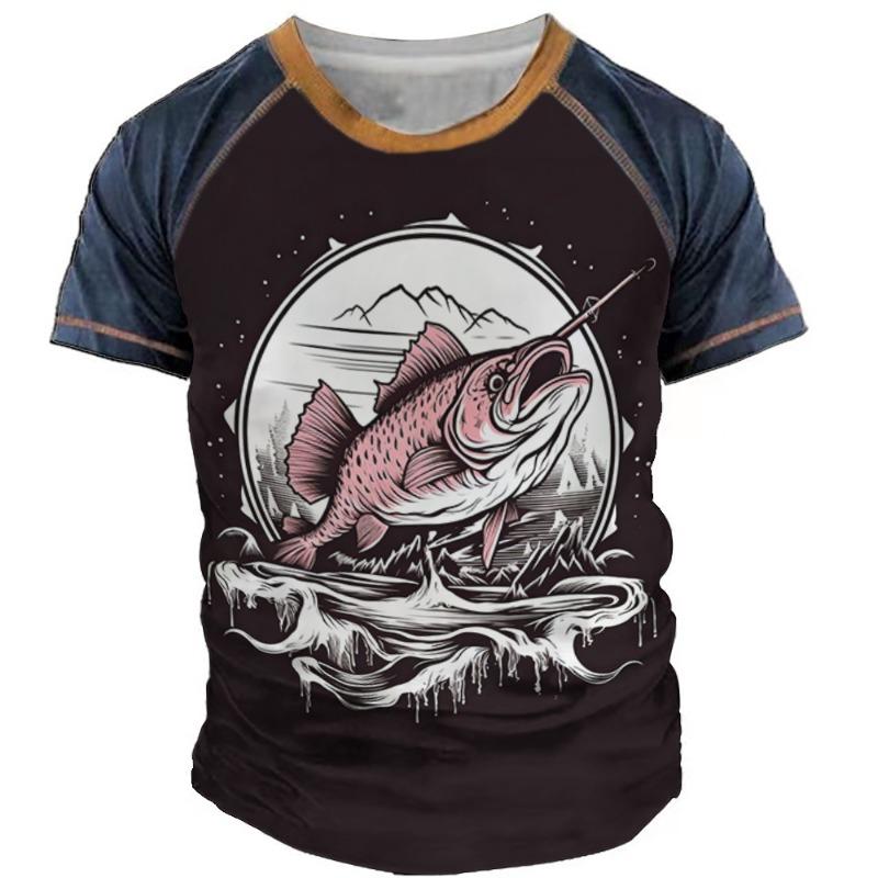 Camiseta casual masculina com blocos de cores, estampa 3D, gola redonda, manga curta, camiseta grande, roupas masculinas, tops, streetwear, verão