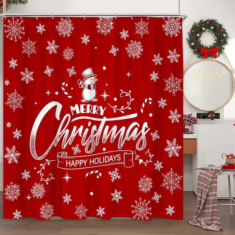 Christmas Shower Curtain Santa Claus Snowman Snowflake Elk Pine Leaf Winter Cartoon Home Polyester Fabric Bathroom Decor Curtain