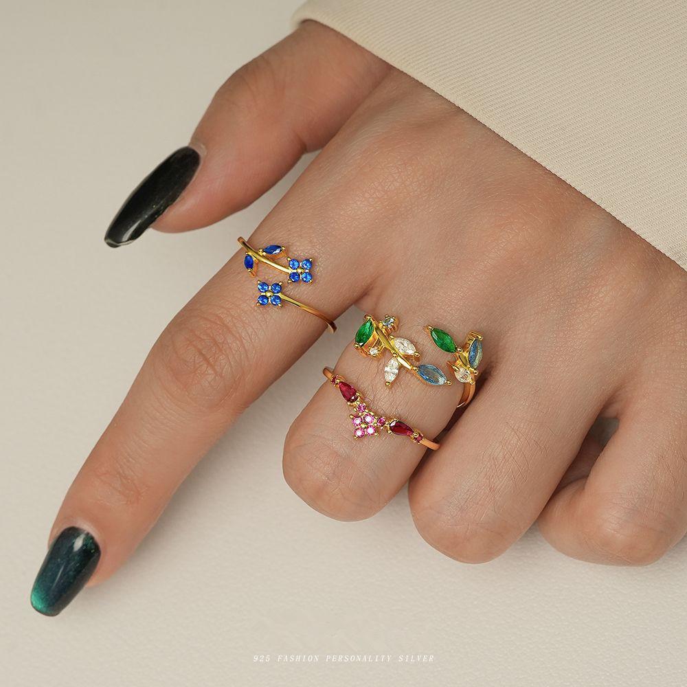 925 Sterling Silver Exquisite Colorful Zircon Flowers Leaves Ring For Women Double Design Size7 Adjustable Party Wedding Jewelry