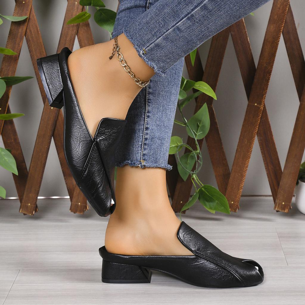 2025 Fashion Half Slippers Female Square Head Personalized Open-toe Square Heel Sandals Fashion Low Heel Outside Wear Slippers