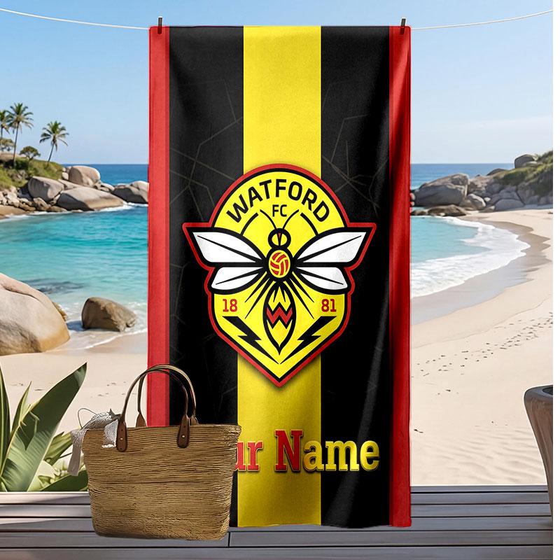 Watford FC Personalized Printed Beach Towel Soccer Logo Support Custom Name Text Absorbent Towel For Sport Travel Special Gift