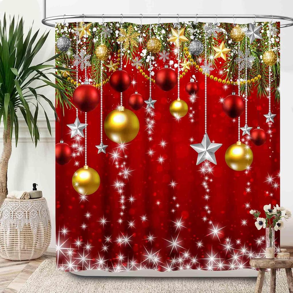 Red Christmas Shower Curtains,Winter Snowflake Xmas Green Pine Trees Branches Snow Scene Happy New Year Waterproof Fabric