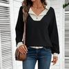 Womens Color Block V Neck Loose Long Sleeve Knit Sweater