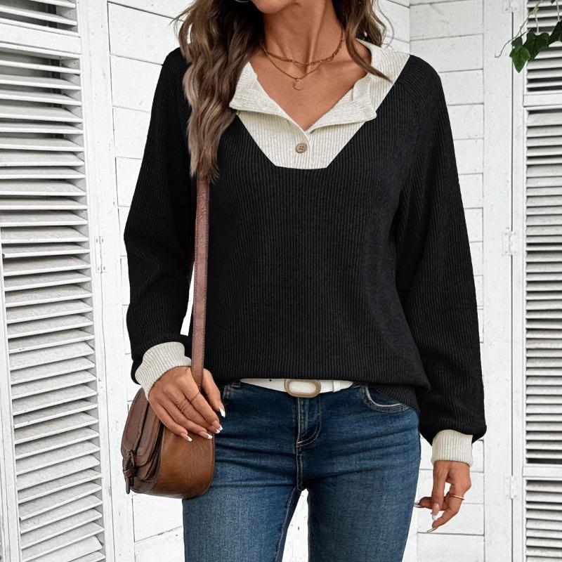 Womens Color Block V Neck Loose Long Sleeve Knit Sweater