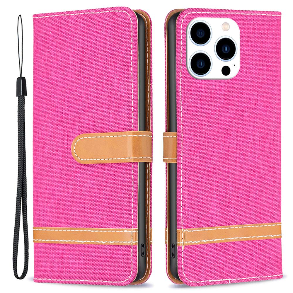 

For iPhone 16 Pro Max Case Jeans Cloth Texture Leather Wallet Cover Rose