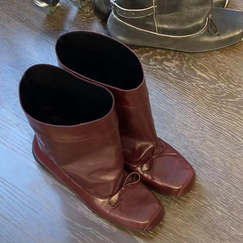 

Женские зимние сапоги с бантом и квадратным носком, обувь на плоской подошве, дизайнерская обувь, модные зимние мотоциклетные сапоги 2024 года, трендовое платье Zapatillas Mujer 40