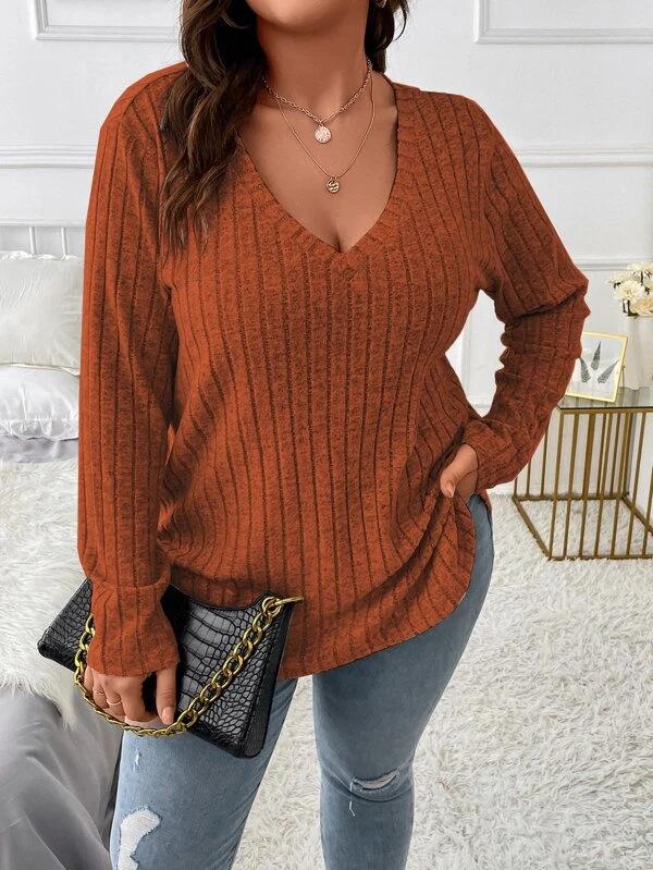 Women's V Neck Long Sleeve Knit Top Loose Fit Casual Solid Color Ribbed Plus Size Sweater Tunic
