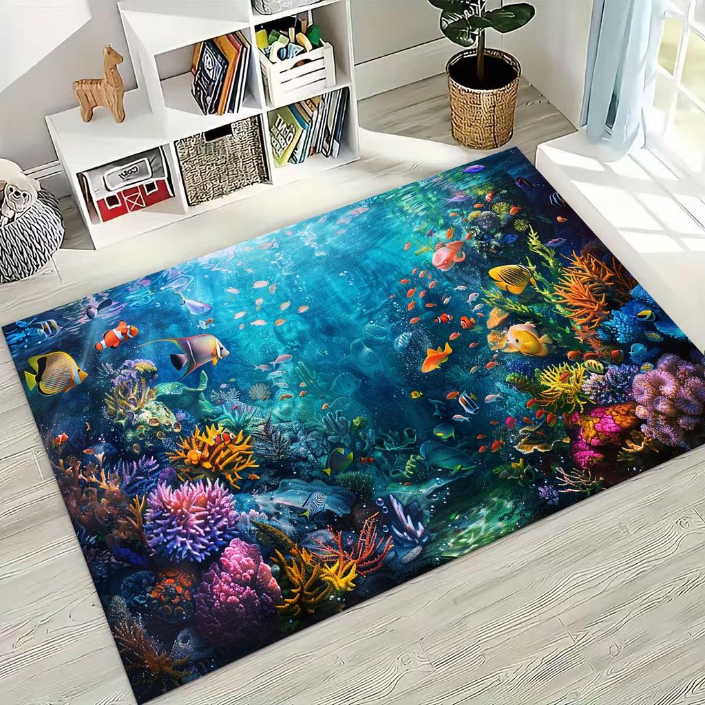 Underwater World Sea Dolphin Turtle Coral Rug for Bedroom Living Room Sofa Home Doormat Decor,Kids Non-slip Floor Mat