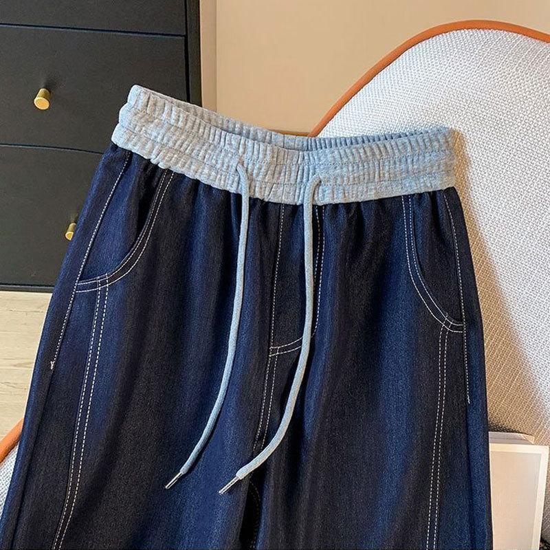 Elastické stahovací džíny s vysokým pasem a širokými nohavicemi pro ženy, rovné nohavice, nadměrné volné ležérní kalhoty