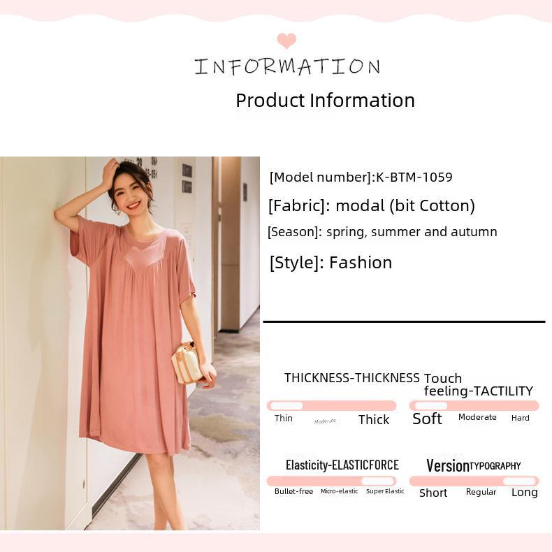 Plus Size Summer Modal Nightdress: Loose, Short-Sleeve V-Neck Pleated Long Home Dress