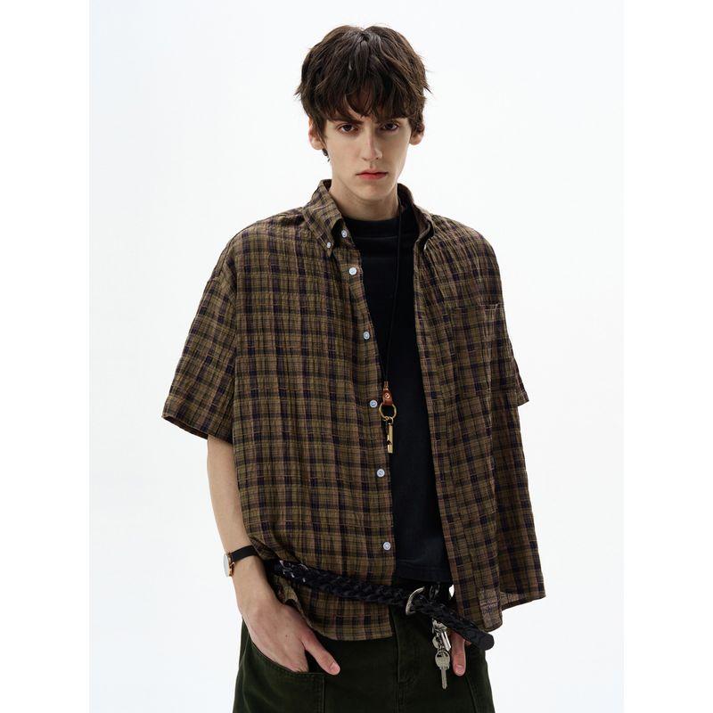 Madwitch American vintage Pleat Seersucker Short sleeve Shirts Men's and Women's Loose Casual Plaid Texture Top