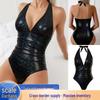 European & American Style Women's Black Snakeskin Deep V-Neck One-Piece Lace-Up Backless Swimsuit