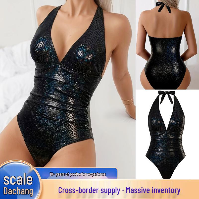 European & American Style Women's Black Snakeskin Deep V-Neck One-Piece Lace-Up Backless Swimsuit