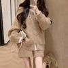 Women's French Retro Khaki Sweater Cardigan & Knit Shorts Set - Zipper Jacket Style for Autumn/Winter Casual Fashion.