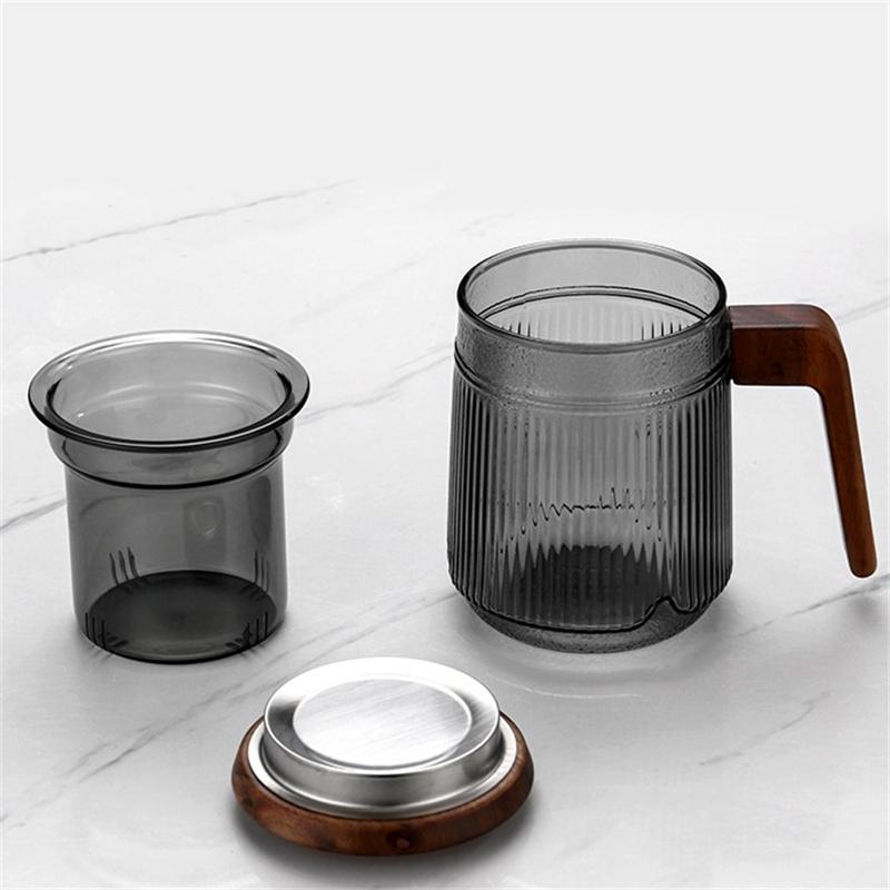 400ML Stripe Heat Resistant Glass Tea Water Separation Tea Cup With Wood Handle Brewing Flower Puer Cups Kung Fu Tea Mug Set