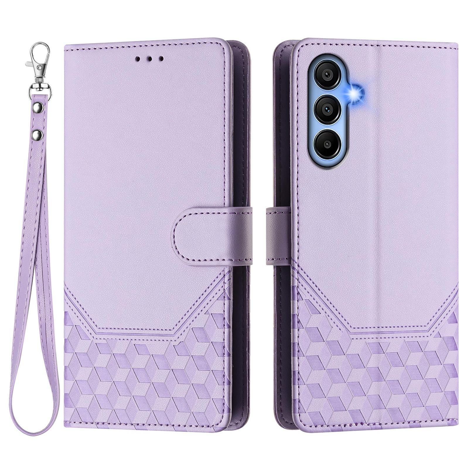 

For Samsung Galaxy A16 5G/A16 4G Case Imprinted Honeycomb RFID Blocking Leather Phone Cover with Strap Light Purple
