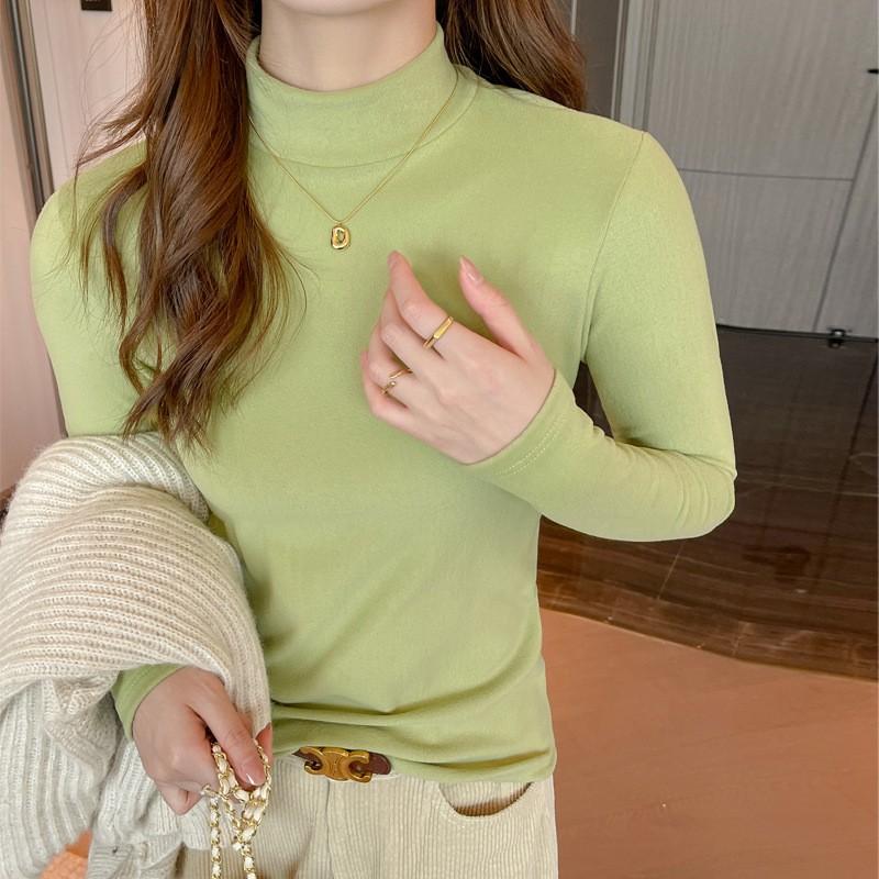 Womens Thickened Half Turtleneck Base Layer Top Soft Brushed Thermal Long Sleeve Slim Fit Solid Color Korean Style