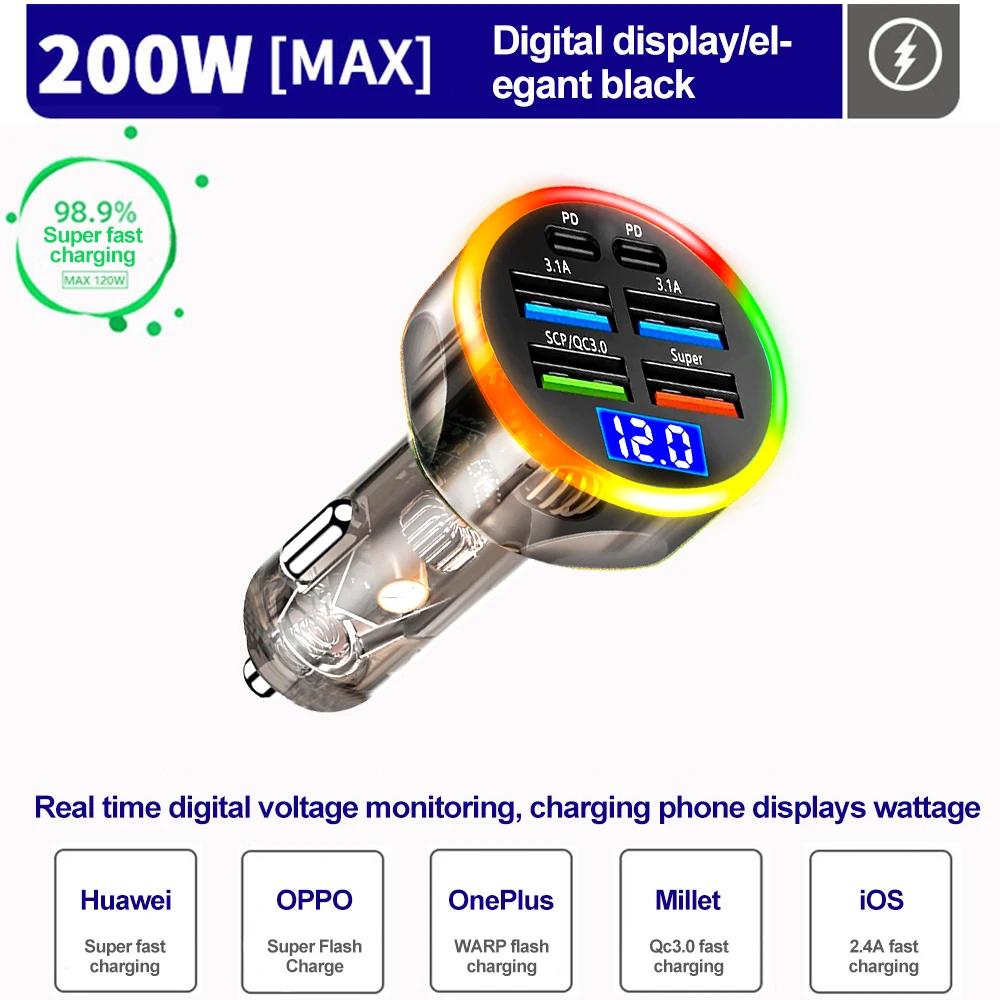 200W QC3.0 PD Car Charger Type C Fast Charging Auto Mobile Phone Adapter for IPhone Samsung Huawei Xiaomi QC USB A+USB C