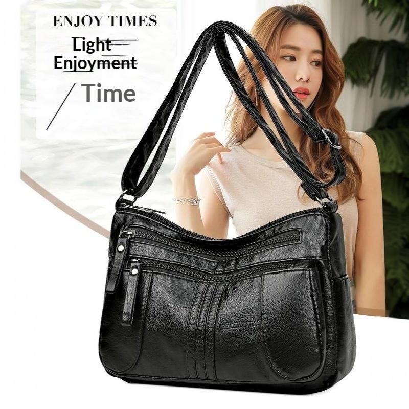 Retro Soft Leather Shoulder Bag Multi Pocket Solid Color Crossbody Bag Perfect for Business Trips Grocery Shopping
