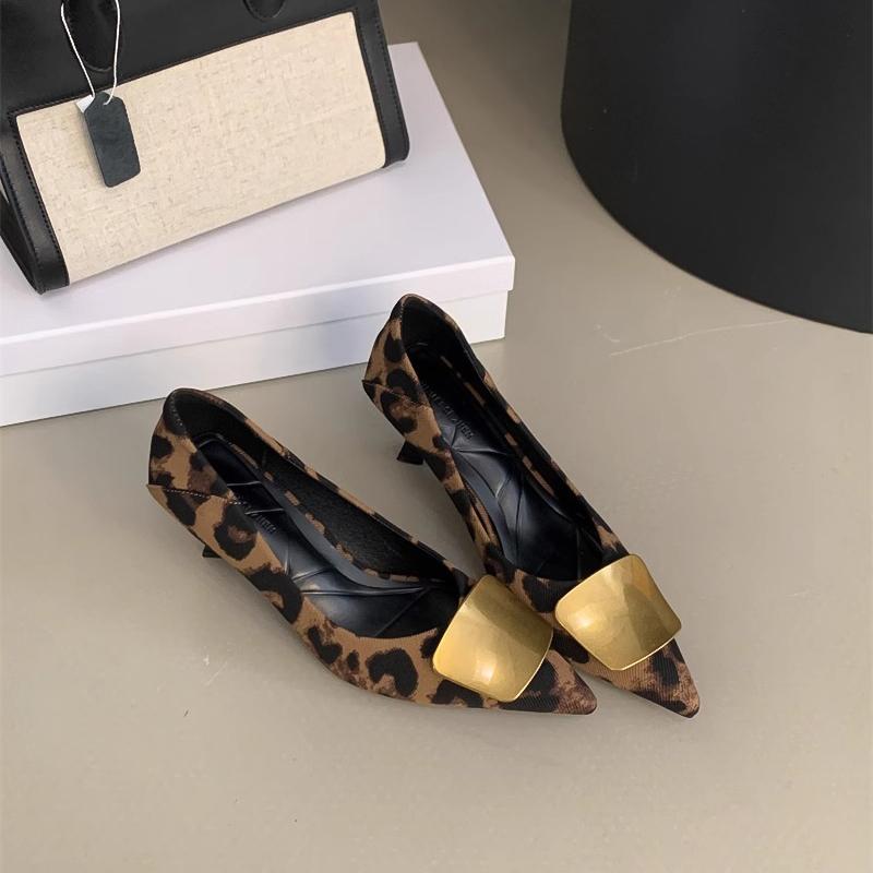 Metal square buckle pointed single shoes women's 2025 spring and autumn new fine heel leopard print temperament royal sister fashion high heels