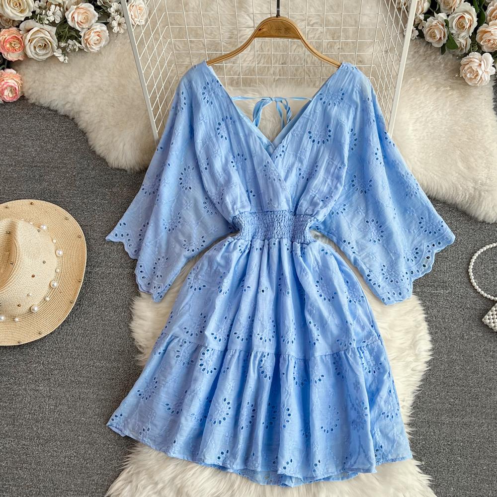 Vestido Vintage con bordado calado de cintura alta, vestido de hada acampanado de manga corta, Vestidos elegantes de playa para verano, vestido veraniego para vacaciones para mujer