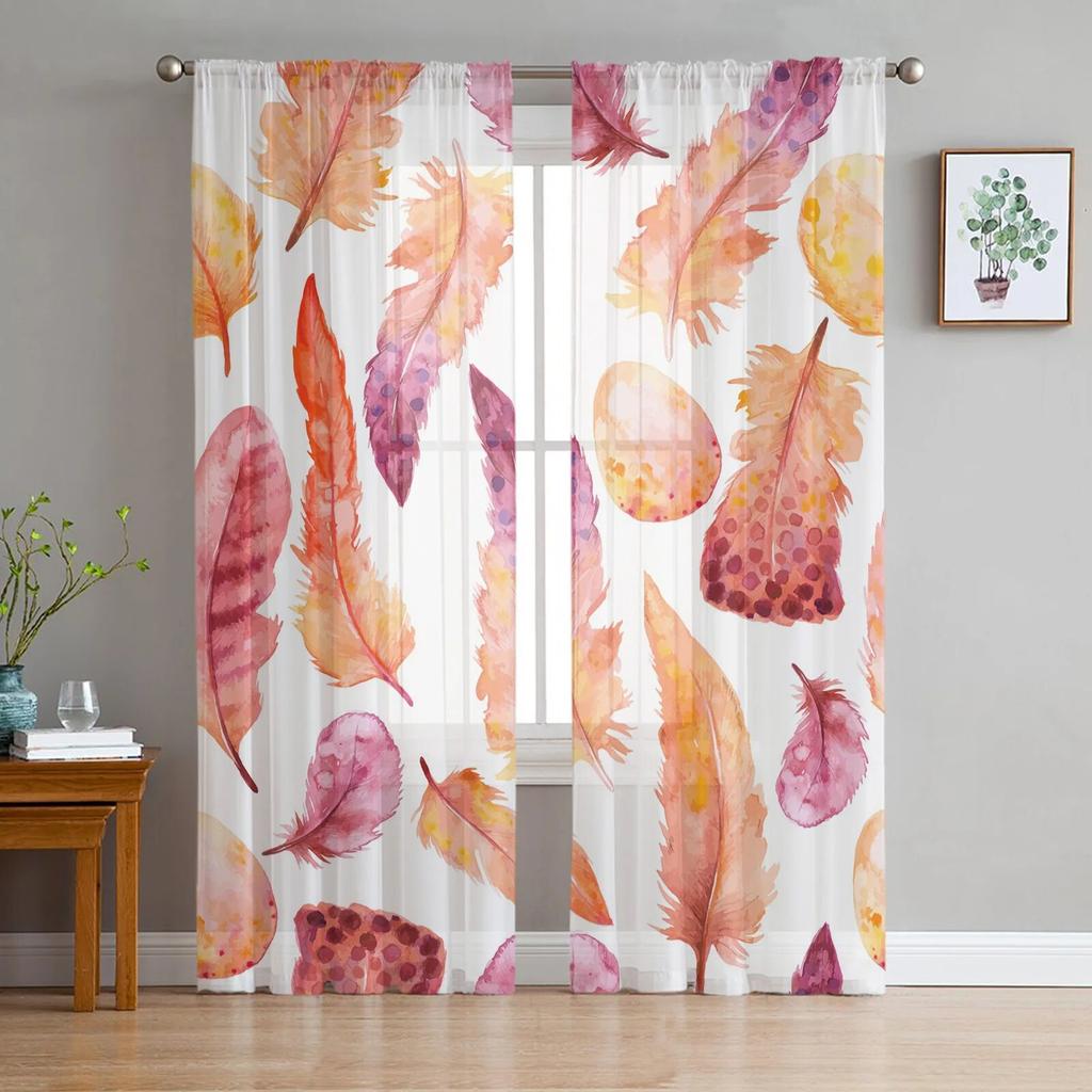 Schwarze weiße Federn, indische einfache Tüllvorhänge für Wohnzimmer, Schlafzimmer, durchsichtige Voile-Vorhänge, modernes bedrucktes Design, durchsichtige Vorhänge