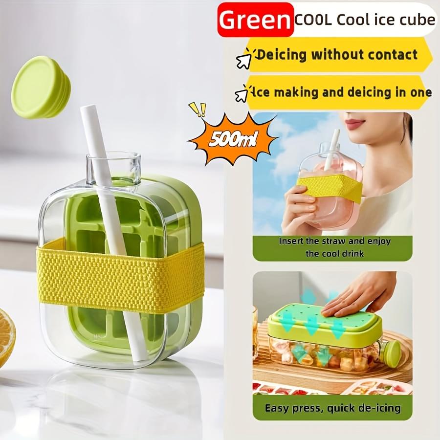 Dual-purpose Ice Cube Tray Water Bottle with Lid & Straw-Touchless Ice Cube Mold Tray Maker for Summer Outdoor Refreshing Drinks