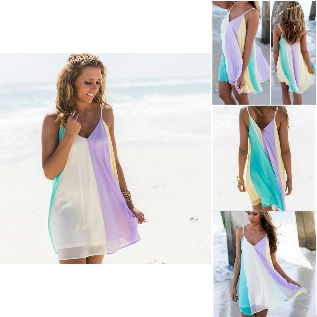 Premium Quality Women Summer Casual Dress Colorful Mini Chiffon Spaghetti Strap