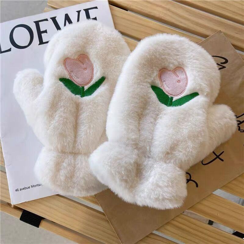 Tulip Plush Gloves Winter Cute Girl Heart Cartoon Warm Riding Plush Thickened Gloves