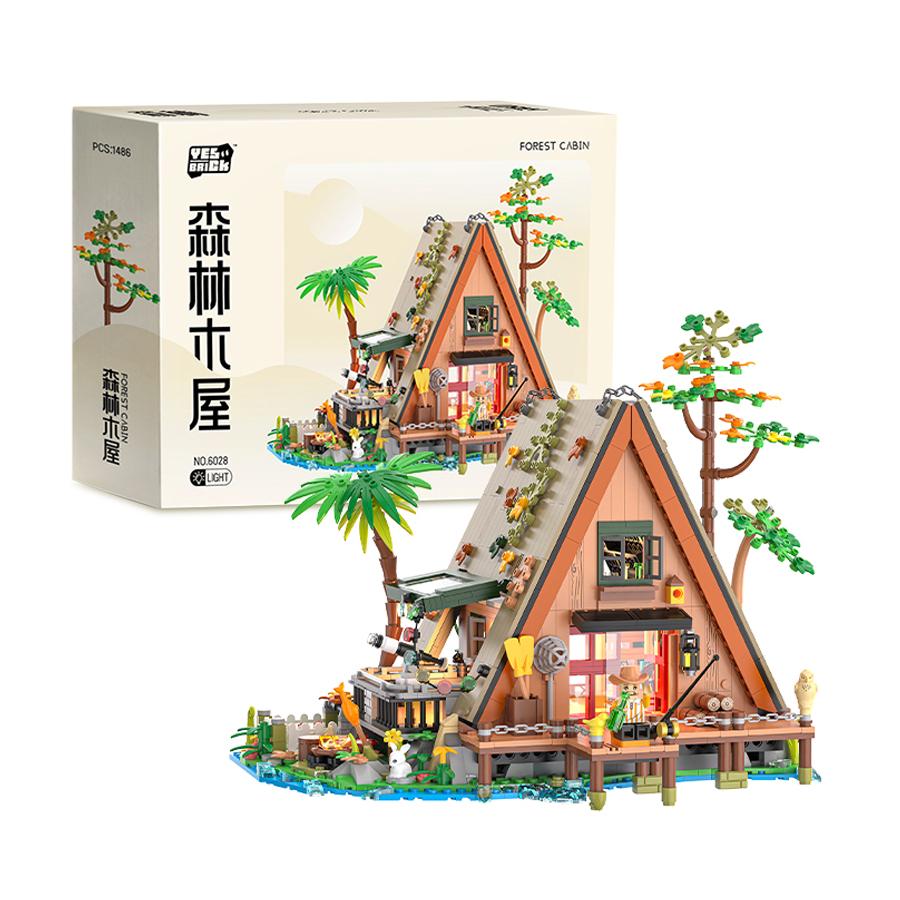 

Non-Toxic 1486Pcs Forest Wooden House Block Toys Street View Building Blocks Small Particle Bricks Models Assembly Toys With Lights No box