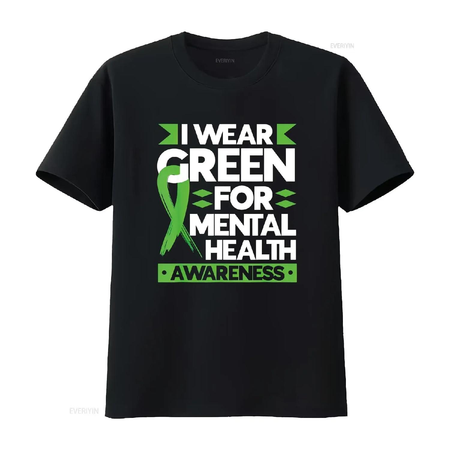 

Mental Health Awareness Month Green Ribbon Quote T Shirt vintage Washed Casual Slightly fashion Versatile streetwear S чёрный
