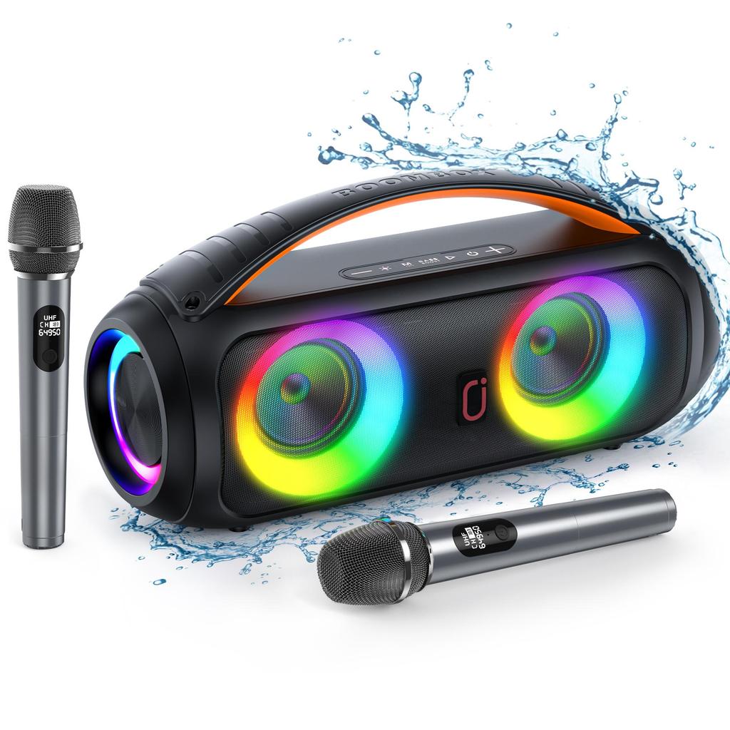Karaoke Machine with Dual Microphones and Dazzling Lights,IPX5 Waterproof Bluetooth Speaker with Remote Control for Outdoor