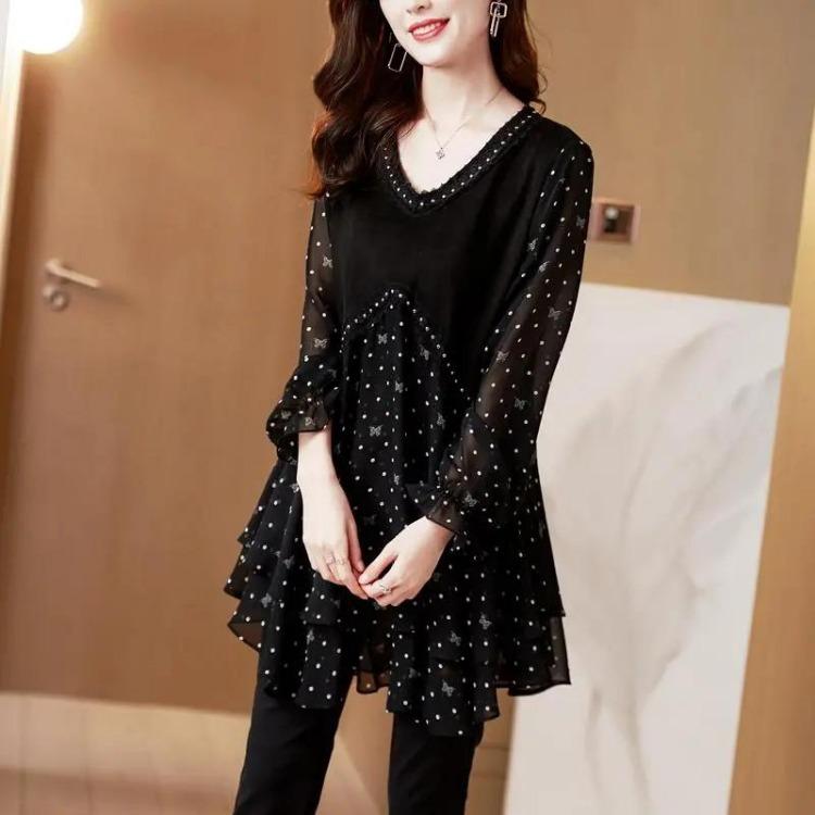 Comfortable Peplum Embroidered Casual Floral Chiffon Shirt Tops Women Loose Long Sleeve Solid Color T Shirt