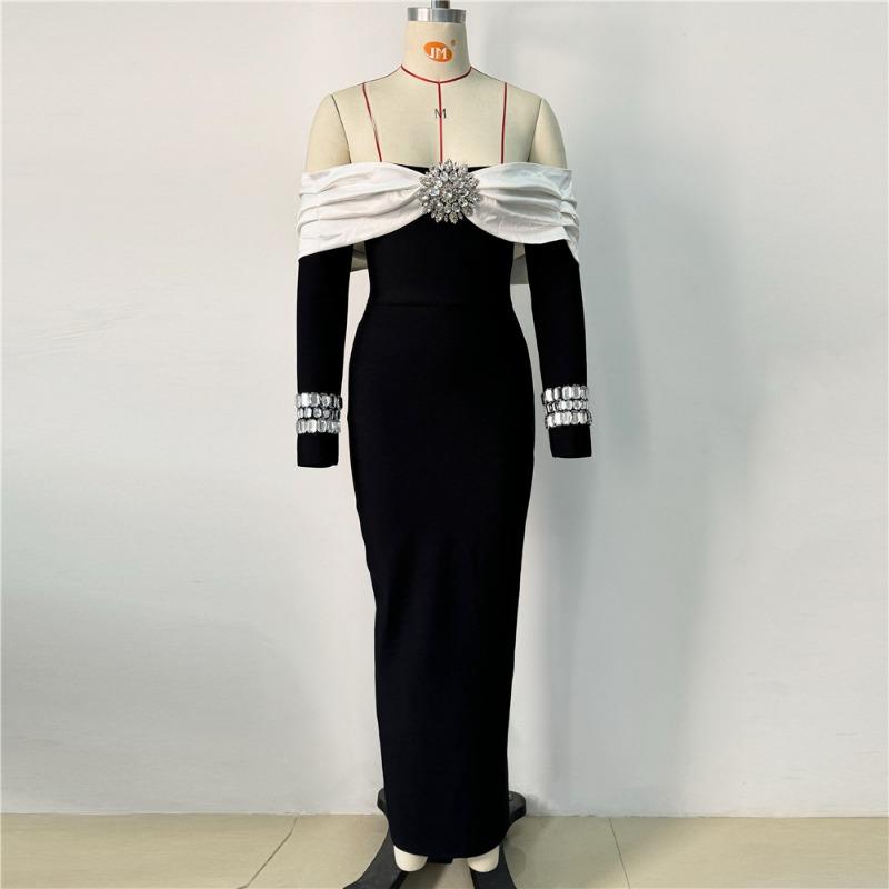 New Sexy Bandage Dress Temperament Contrasting Colors Heavy Industry Ordering Diamond Evening Dress Elegant One-word Shoulder Women's Clothing