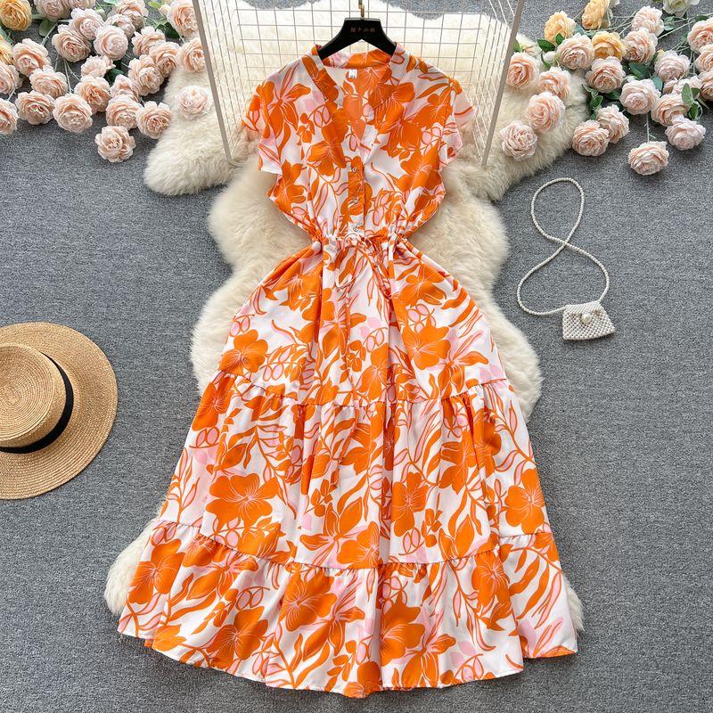 French Sweet Gentle V-neck Floral Chiffon Dress Women's Summer Tight Waist Elegant Slim Looking Vacation Style Fairy Dress