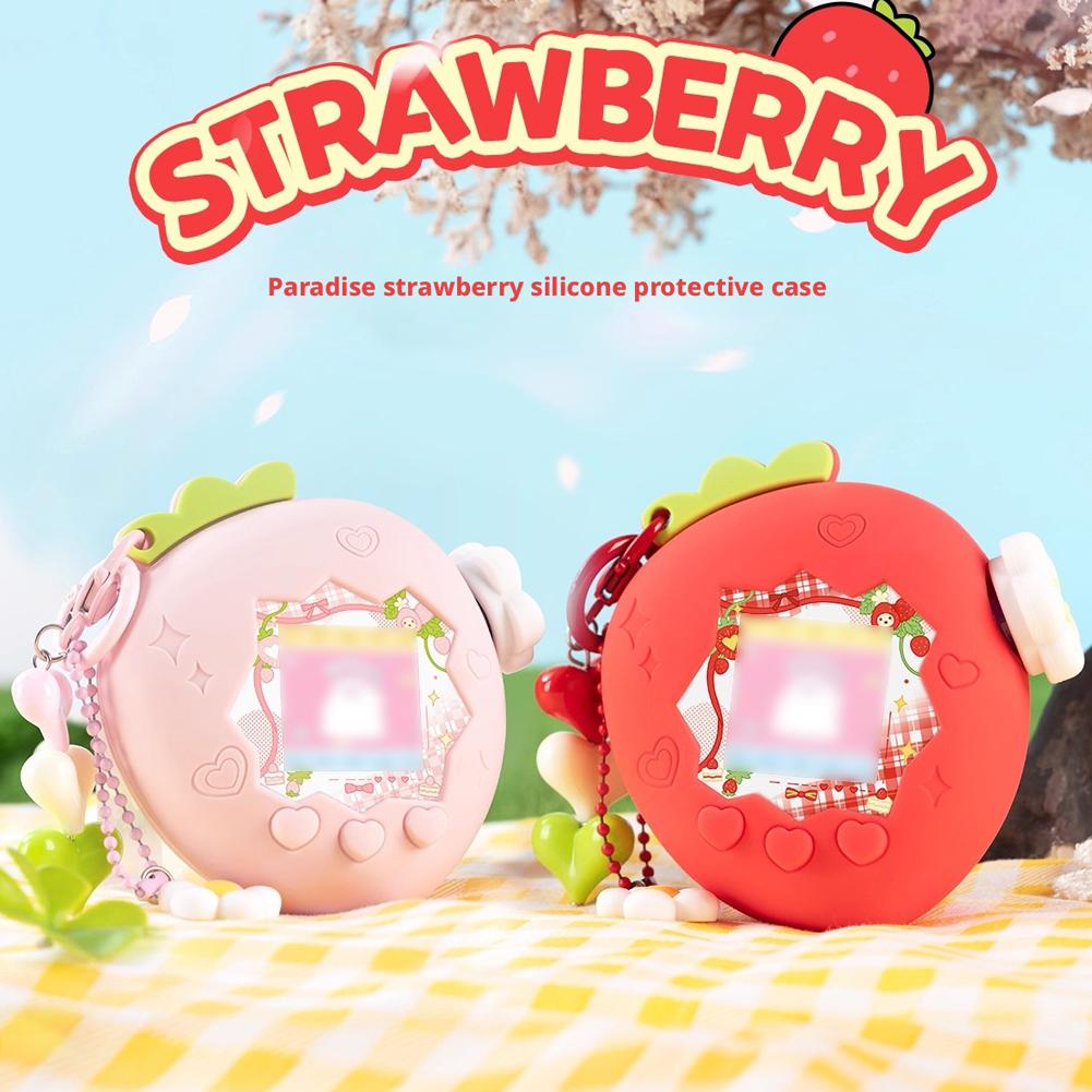 Silicone Protective Cover with Panel Paper Pendant Red Pink Strawberry Decorative Cover Knob Cover for Tamagotchi Paradise