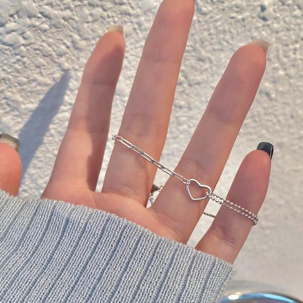Korean-Style Hollow Silver Heart Bracelet: Double Layer, Simple and Fashionable