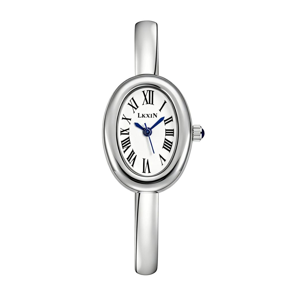 LKXIN Women Oval Watch Alloy Roman Numeral Dial Blue Crown Minimal Elegant Wristwatch Luxury Gift